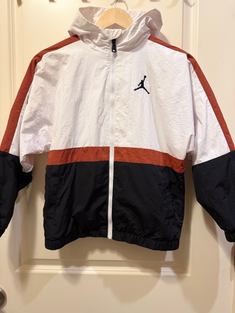 Jordan White, Black and Rust Colorblock Hooded Windbreaker